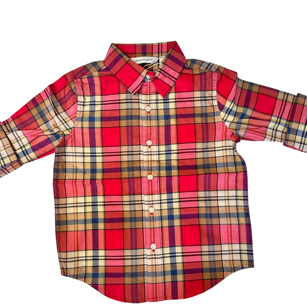 Janie and Jack Cuffed Button Down Plaid Pink Blue Yellow Cotton Boys 4 NWT